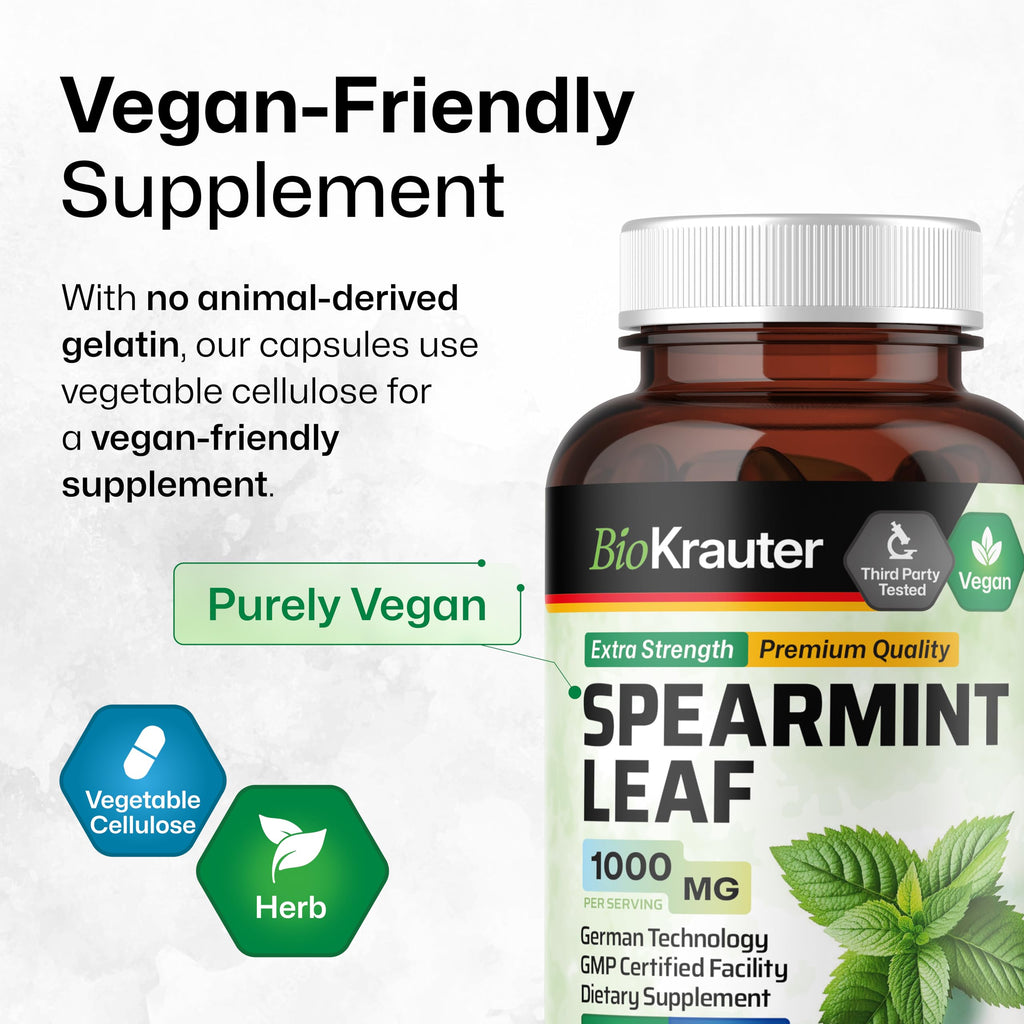 BIO KRAUTER® Spearmint Capsules for Skin Support - Vegan & Pure Spearmint Supplement 1000 mg - Used for Women’s Wellness & Digestive Support - No Fillers, Non-GMO - 50 Days of Supply, 100 Capsules