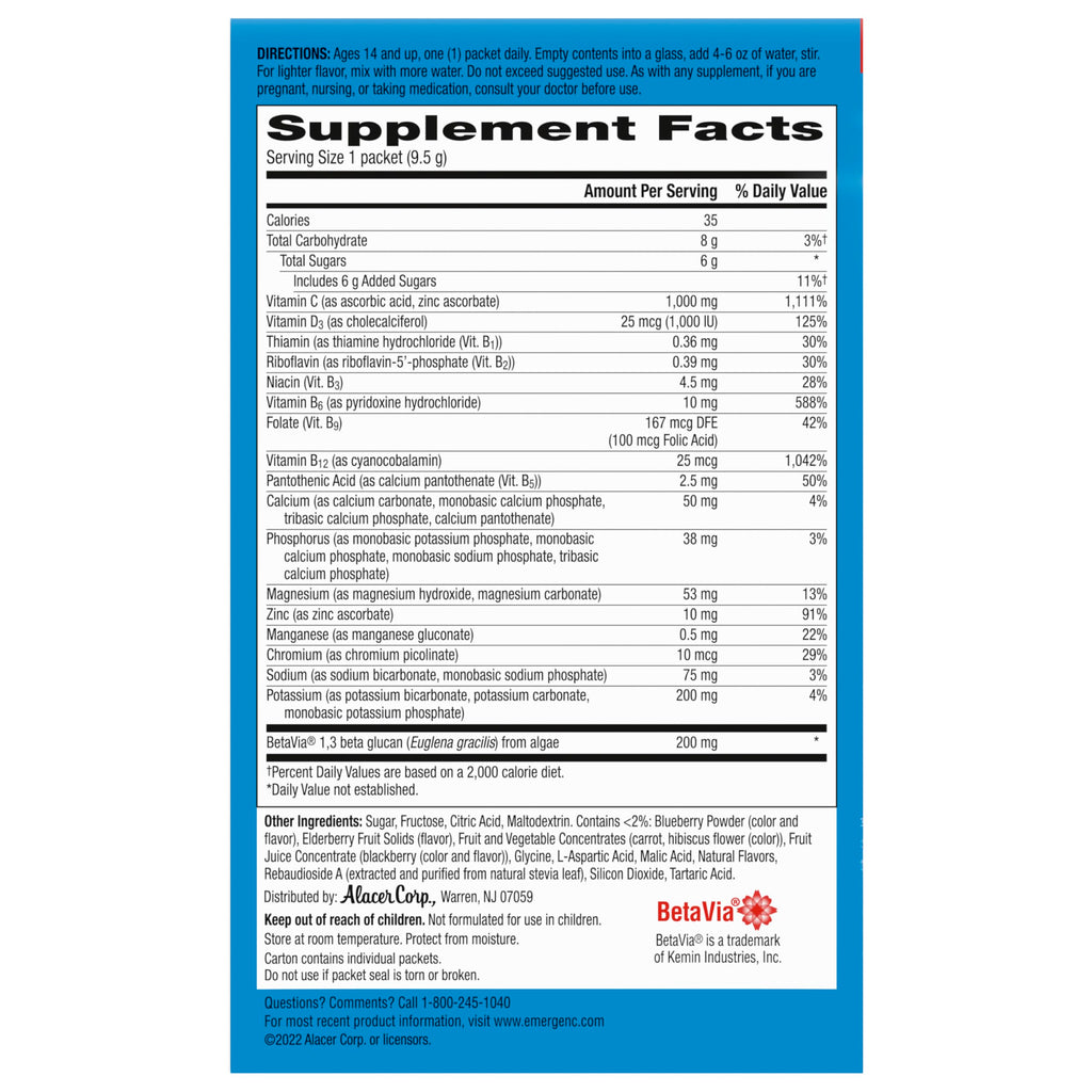 Emergen-C Immune+ Triple Action Immune Support Powder, BetaVia (R), 1000mg Vitamin C, B Vitamins, Vitamin D and Antioxidants, Elderberry – 18 Count