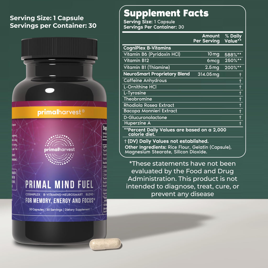 Primal Harvest Brain Supplement, Primal Mind Fuel Brain Booster for Focus, Energy, Clarity, Memory Brain Health 30 Capsules Nootropics Brain Support Supplement for Men and Women (2 Pack (30 Count))