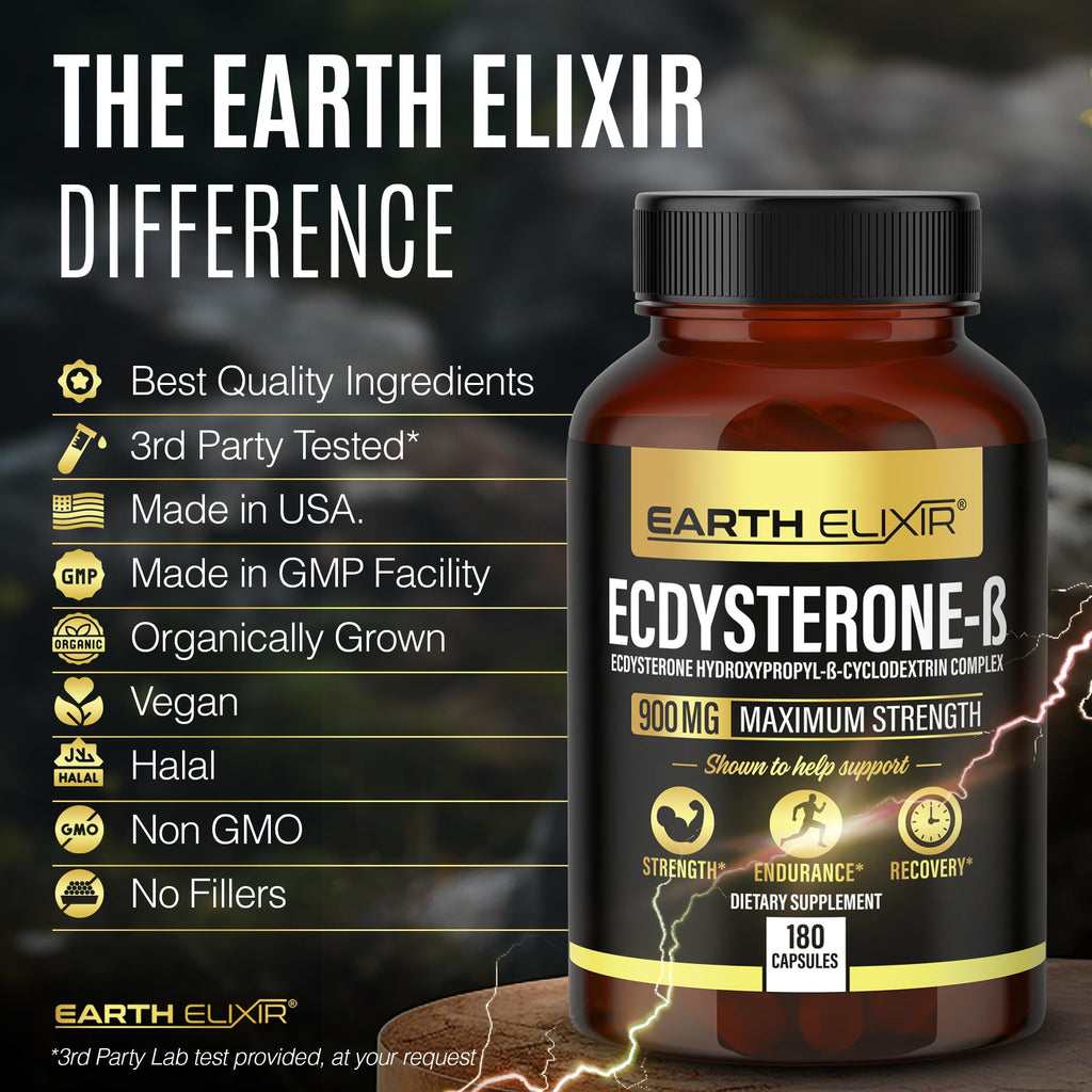 Earth Elixir Ecdysterone Supplements 900mg (180Capsules) – Made in USA - Muscle Building Supplements for Men w/ 95% Beta Ecdysterone w/Hydroxypropyl-β-Cyclodextrin for Enhanced Bioavailability