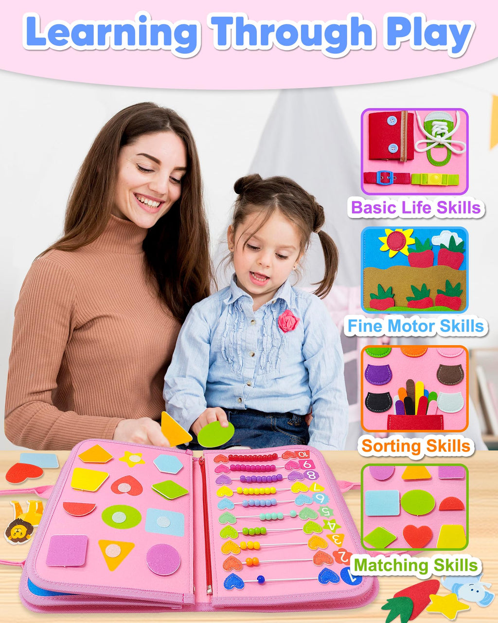 Exorany Busy Board Montessori Toys for Toddler Girl Birthday Gifts, Busy Book Sensory Learning Toys for Toddlers, Toddler Girl Airplane Car Travel Toy Educational Activities