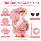 DaGailen Summer Porch Goose Outfits 23 Inch, Pink Polka Dot Porch Goose Bikini Set with Parasol Umbrella, Swim Ring, Sun Hat and Heart Sunglasses, Porch Goose Accessories for Yard Garden Patio Decor