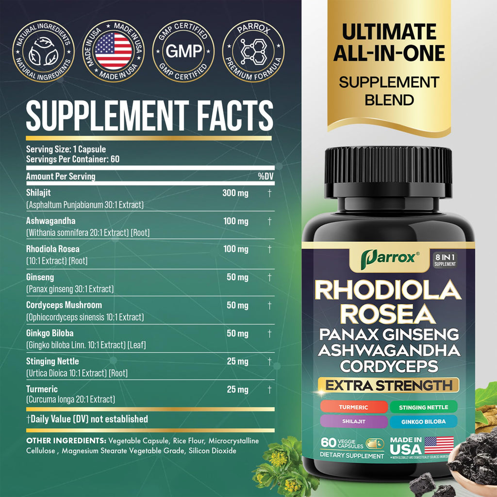 Rhodiola Rosea Adaptogen Supplement, Panax Ginseng & Ashwagandha, 2 Pack