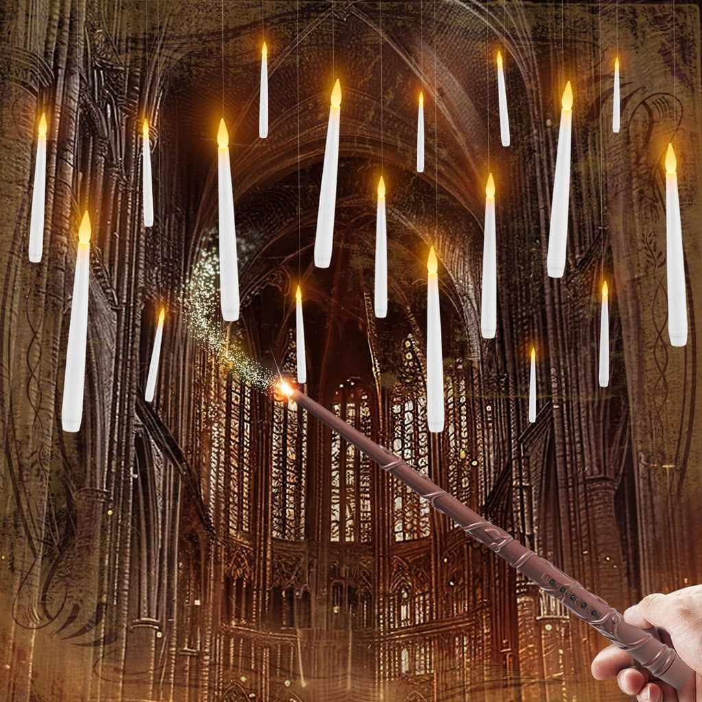 Raycare 20 Pcs Floating Candles with Wand, Hanging Candle with Timer, Magic Deco Candles Flickering Warm Light, Flameless Taper Candle with Remote, LED Candlesticks for Birthday Halloween Party Decor