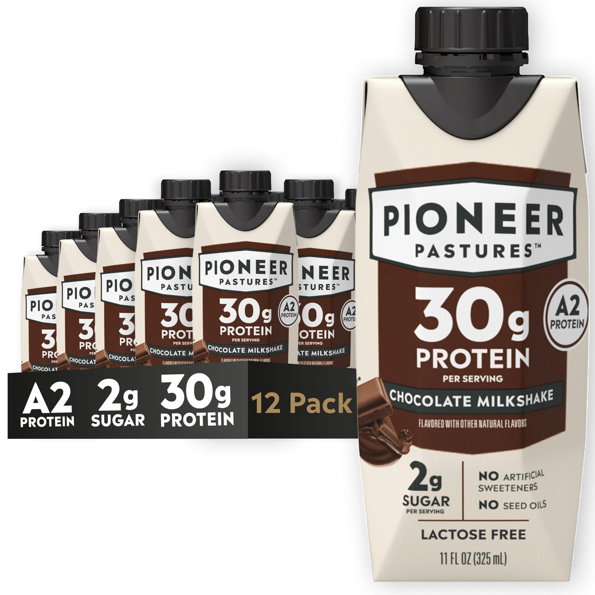Pioneer Pastures High Protein A2 Milkshakes, Chocolate, 11oz, 12 Pack