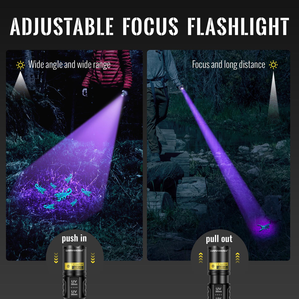 DARKBEAM UV Flashlight 365nm & 395nm Dual Black Light, Blacklight USB Rechargeable LED Ultraviolet Flashlights, Powerful Focusable Woods Lamp Pet Urine Detector, for Uranium Glass, Resin Curing