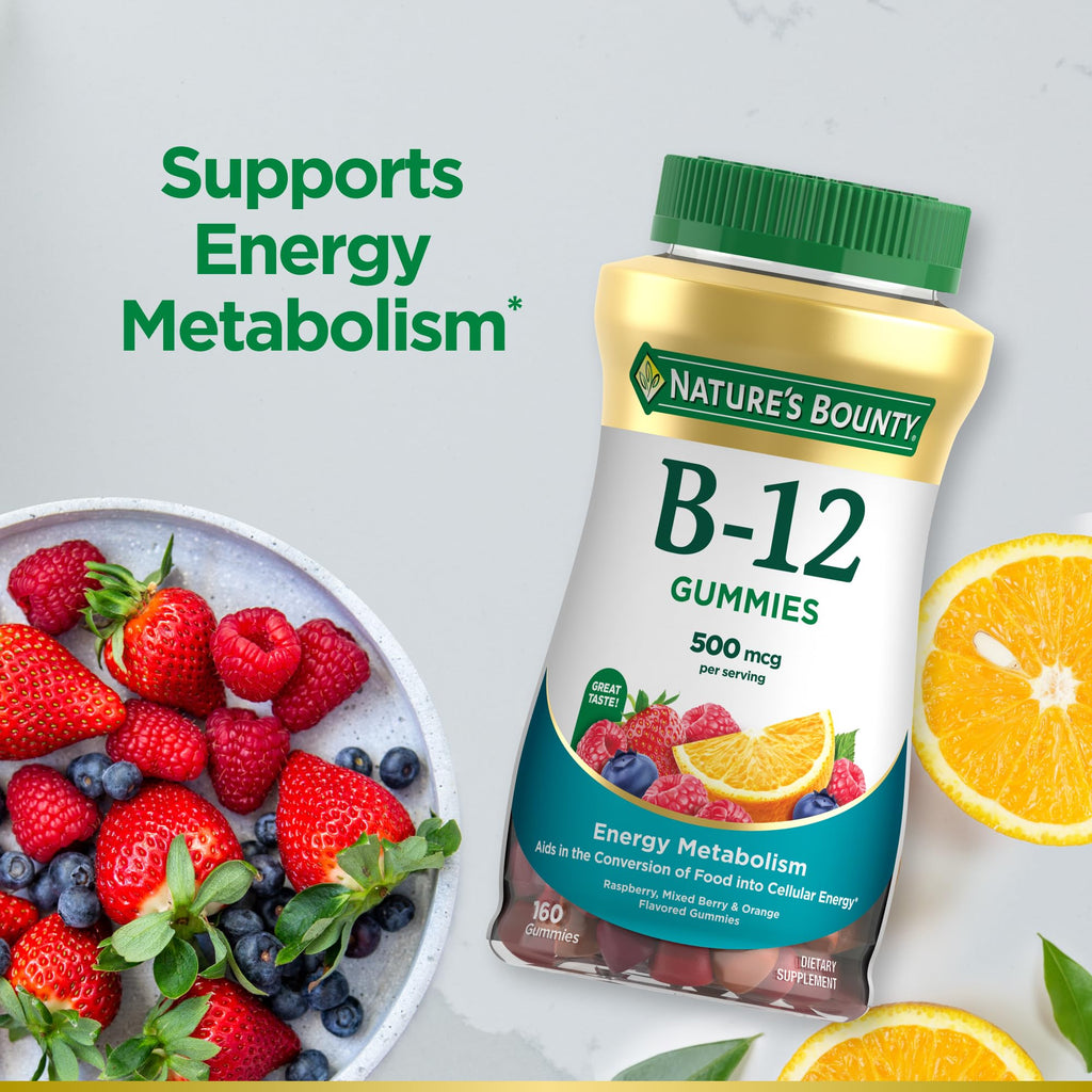 Nature's Bounty Vitamin B12 Gummies, Dietary Supplement, Supports Energy Metabolism and Nervous System Health, Mixed Berry Flavor, 500mcg, 160 Count (Pack of 3)