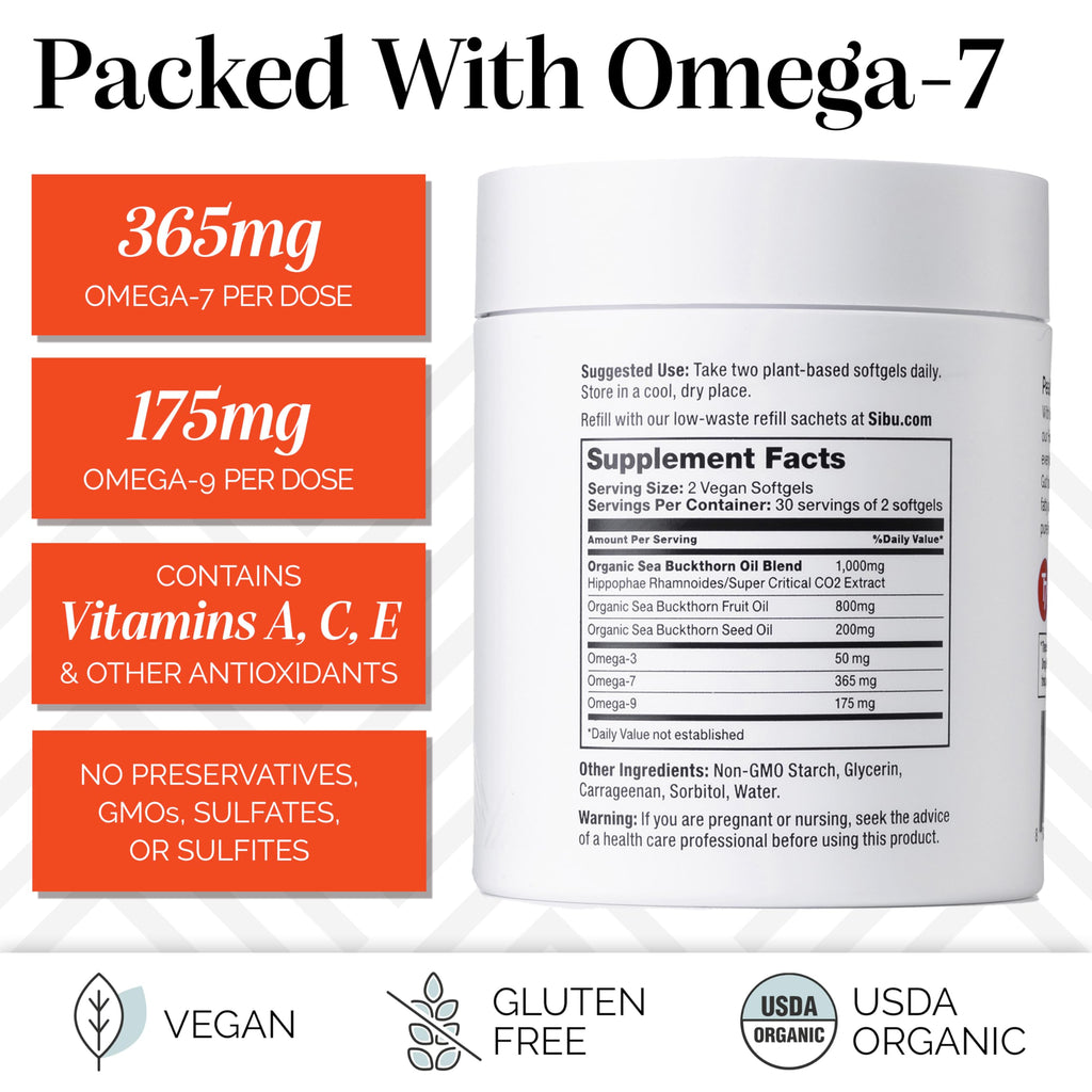 sibu Sea Buckthorn Omega-7 Softgels Starter Kit (60ct, 30 Day Supply) – Supplement for Healthy Skin, Hair, Nails and Dryness