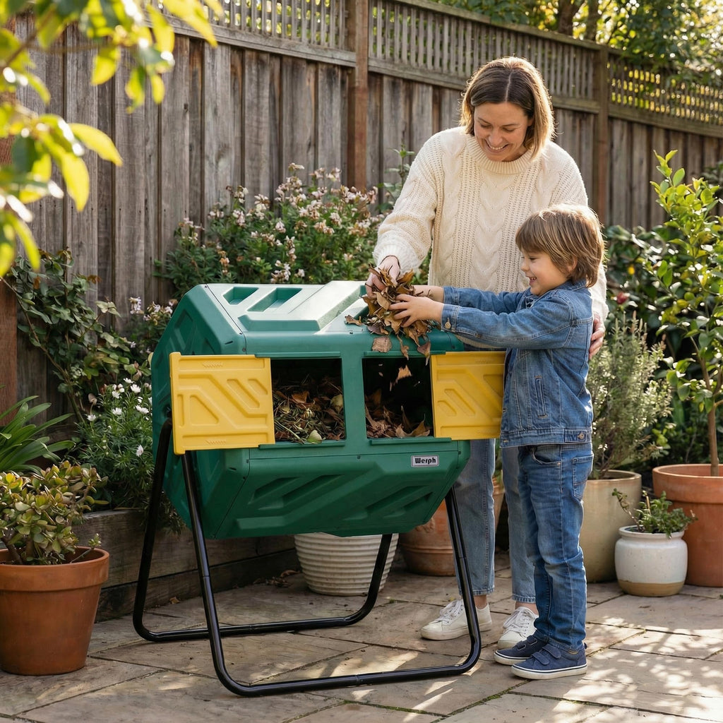 Werph 43 Gal Dual Chamber Compost Bin Tumbler for Backyard Garden, Green