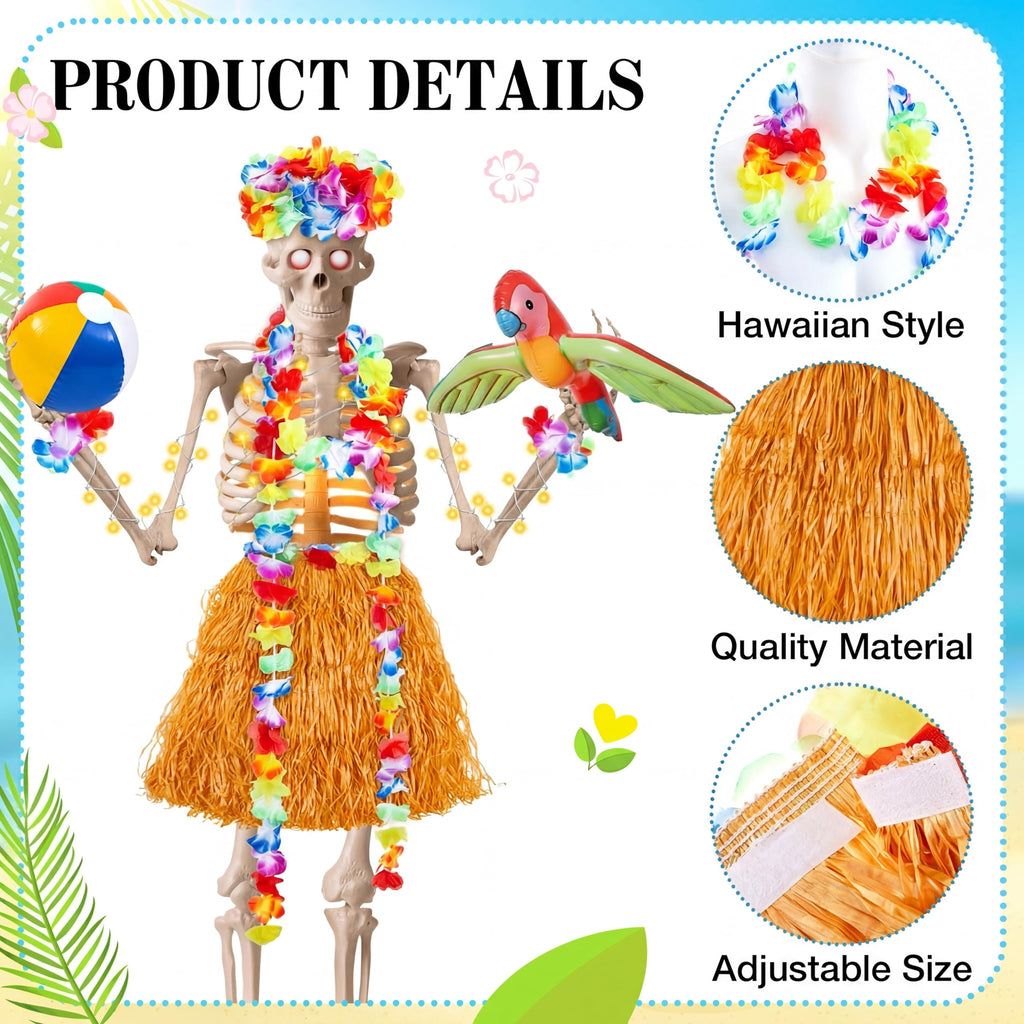 Lunmon 8 Pcs Summer Hawaiian 12 ft Skeleton Costume Accessories Hawaiian Hula Grass Skirt Tropical Flower Garlands Wristbands Beach Ball Skeleton Outfit for Garden Lawn Luau Party Decor(Yellow)