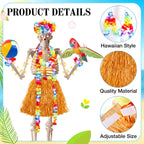 Lunmon 8 Pcs Summer Hawaiian 12 ft Skeleton Costume Accessories Hawaiian Hula Grass Skirt Tropical Flower Garlands Wristbands Beach Ball Skeleton Outfit for Garden Lawn Luau Party Decor(Yellow)