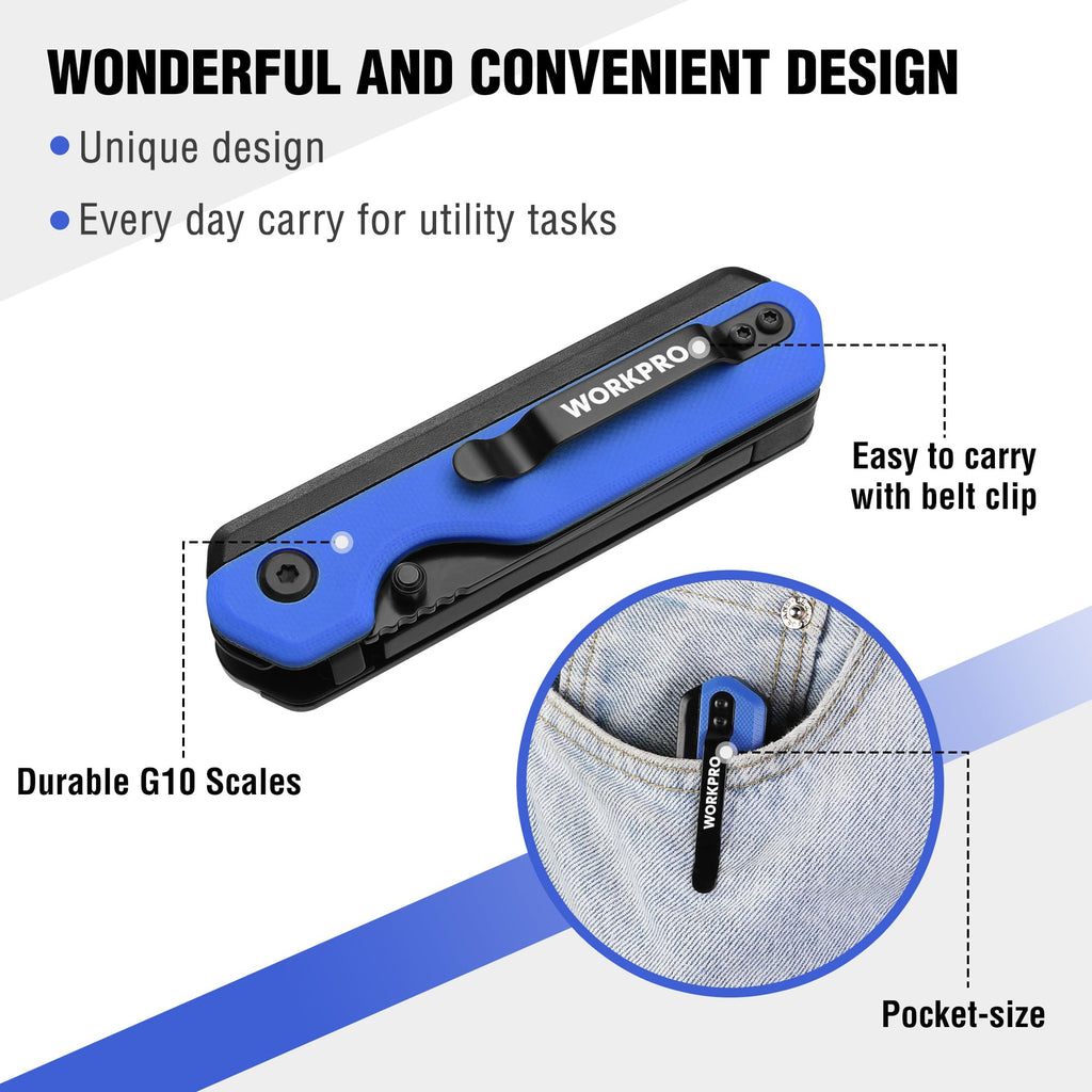 WORKPRO 2-in-1 Folding Knife/Utility Knife, Quick-Change Box Cutter with Belt Clip, Liner Lock, and G10 Handle, Extra 10 SK5 Blades Included, Blue