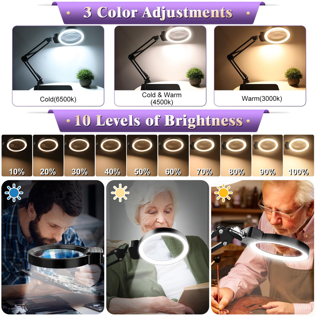 10X 30X Large Magnifying Glass with Light and Stand, 5-inch Lighted Magnifier, 72 LED 3 Color Modes Stepless Dimmable, Hands-Free Magnifying Glass Desk Lamp for Reading Craft Hobby Close Work Black