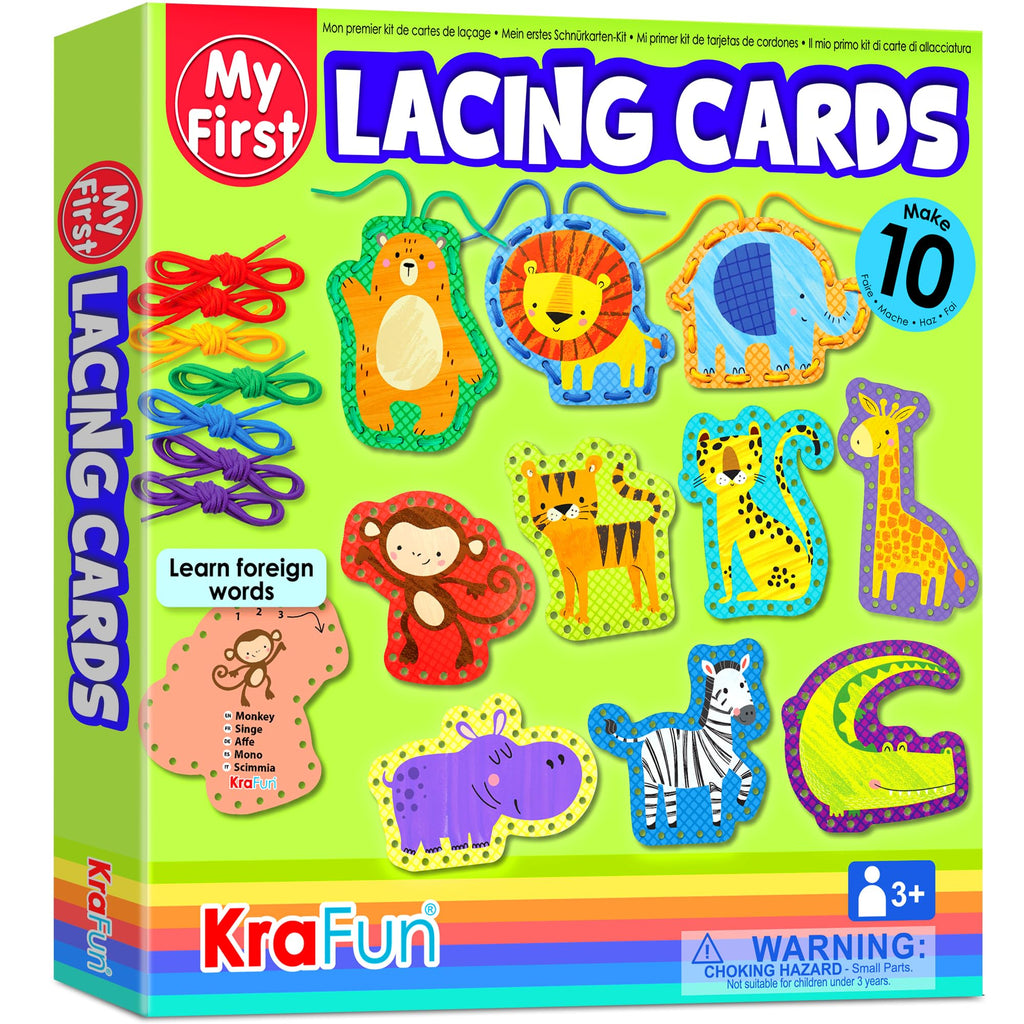KRAFUN Safari Animal Preschool Arts & Crafts Lacing Kit, 10 Easy Lacing Cards for Toddlers Fine Motor Skills