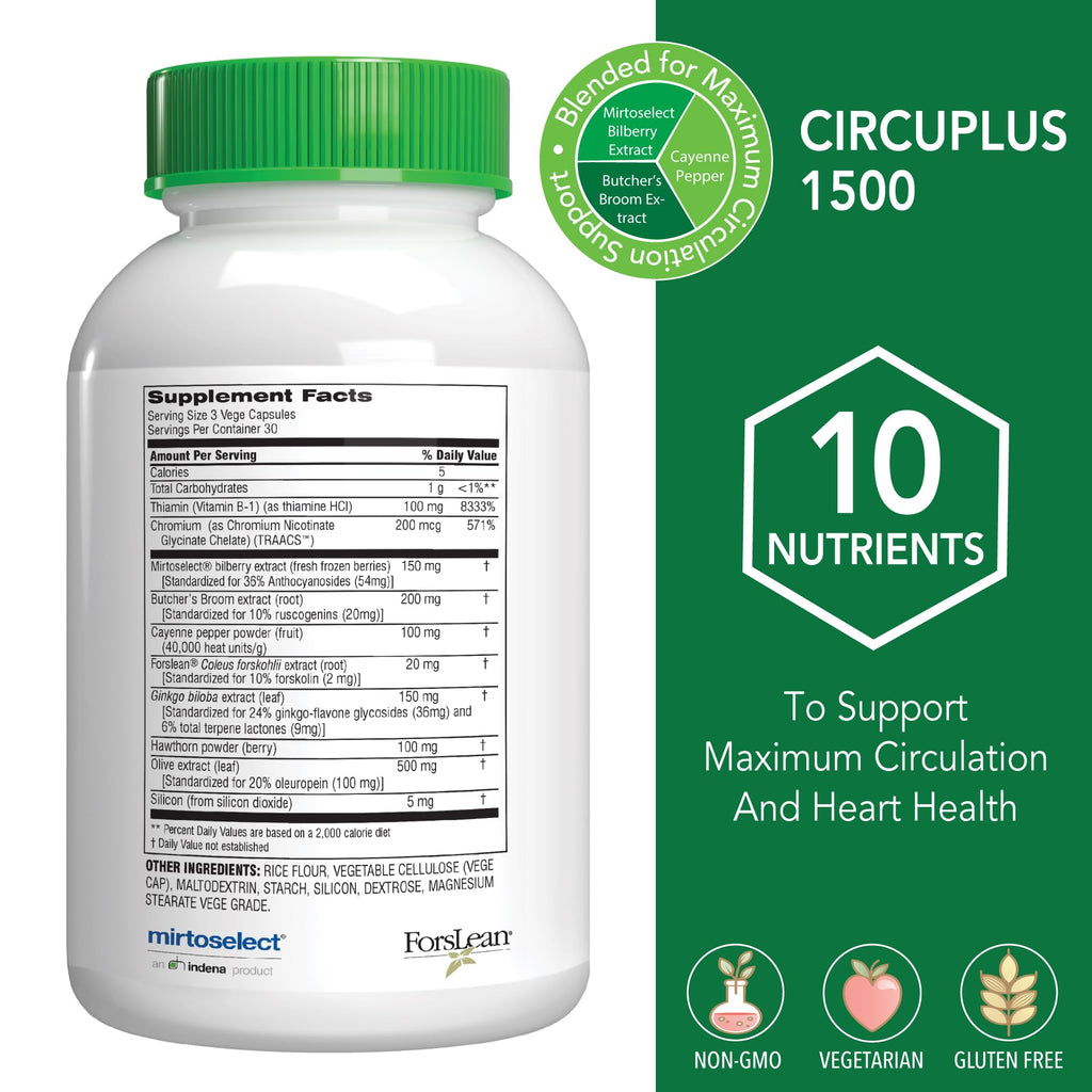 Botanic Choice CircuPlus 1500 - Heart Health & Circulation and Vein Support Supplement - Vitamin B1, Cayenne Pepper, Hawthorn, Ginkgo Biloba for Adults Men & Women (90 Capsules)