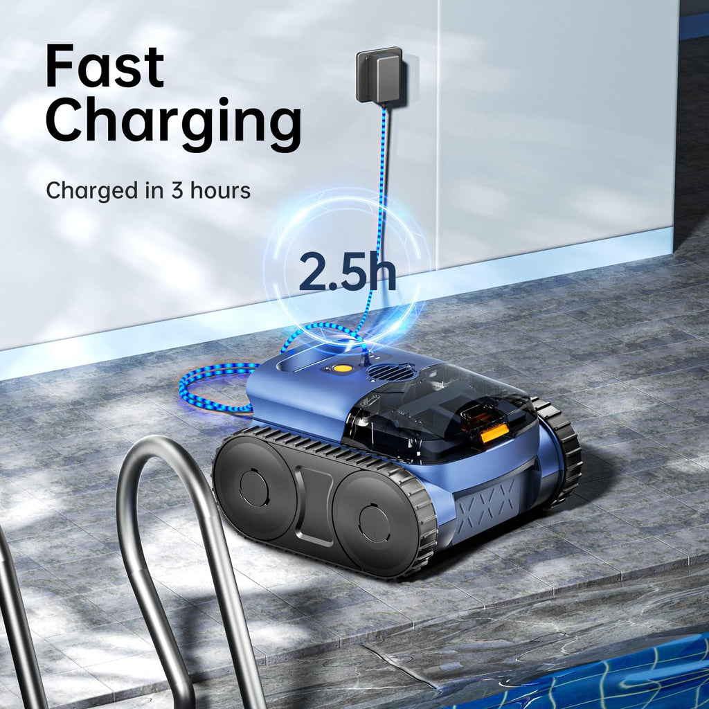 Cordless Robotic Pool Vacuum, Pool Cleaner with Track Drive & Sonar Navigation, 180W Brushless Motor, Wall & Waterline Climbing, 150-Min Runtime, for Inground Above-Ground 2150 Sq. Ft. (Dark Blue)