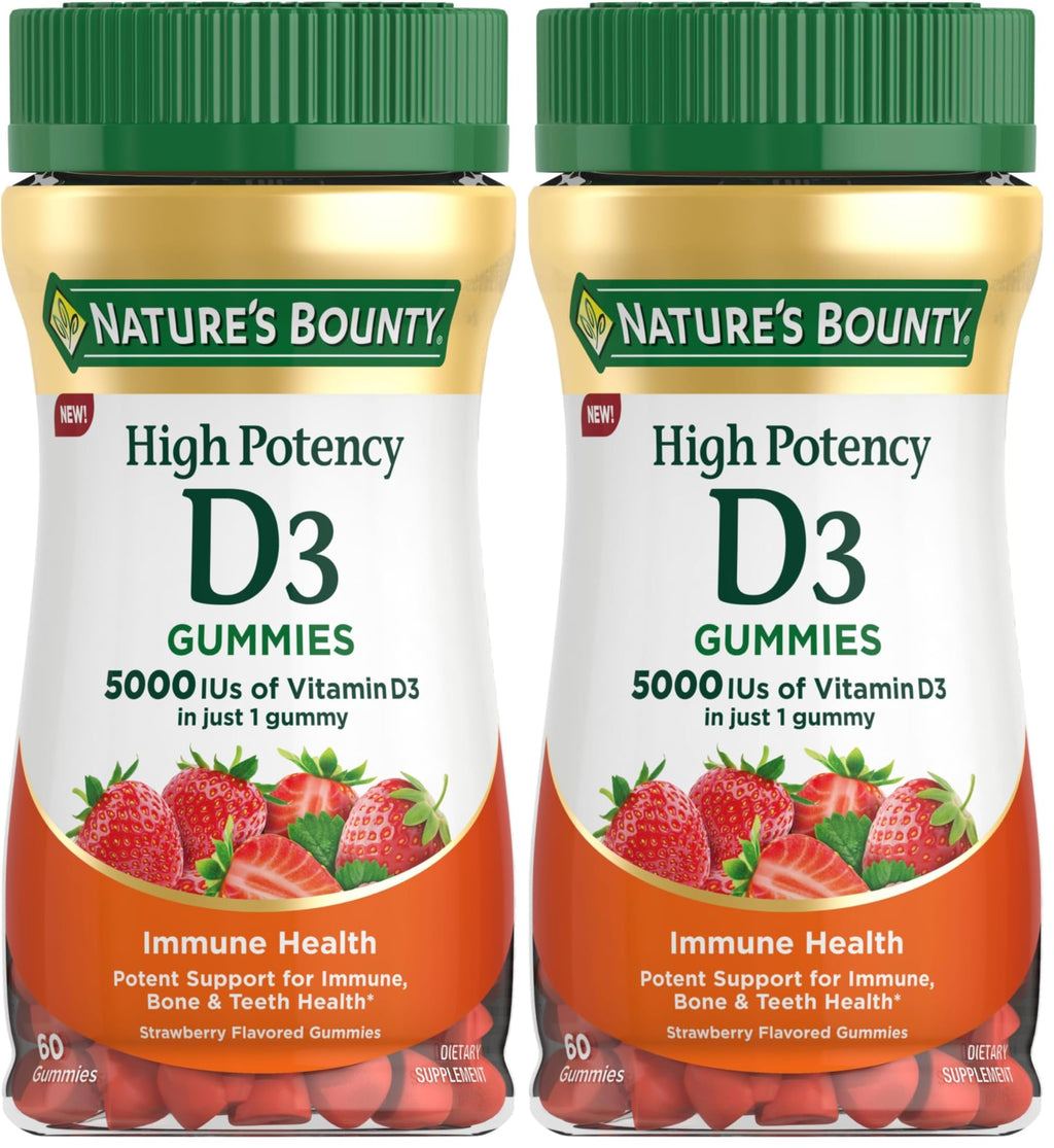 Nature's Bounty Vitamin D 5000 IU Gummies,Vitamin D3 High Potency Immune Support & Bone Health Supplement,5000 IU in 1 Gummy,Strawberry Flavor for Adults,60 Vegetarian Gummies (Pack of 2)