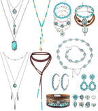 FEYIR Bohemian Turquoise Jewelry Set for Women Boho Turquoise Layered Necklace Bracelet Western Belt Stackable Ring Earrings Western Jewelry Accessories