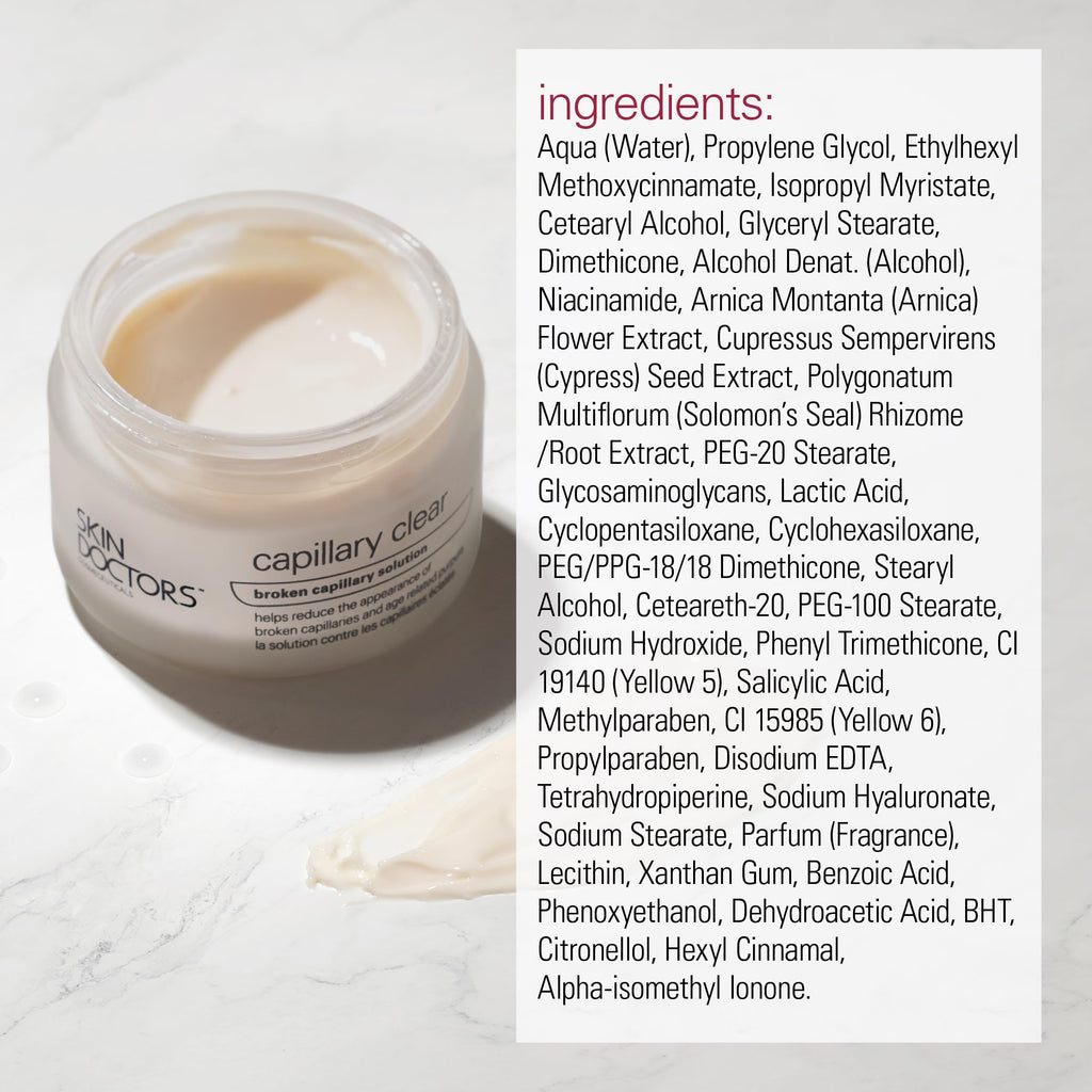 Skin Doctors, Capillary Clear Helps improve the appearance of broken capillaries Reduces the appearance of burst blood vessels help to reduce facial redness and promote an even complexion 50ml