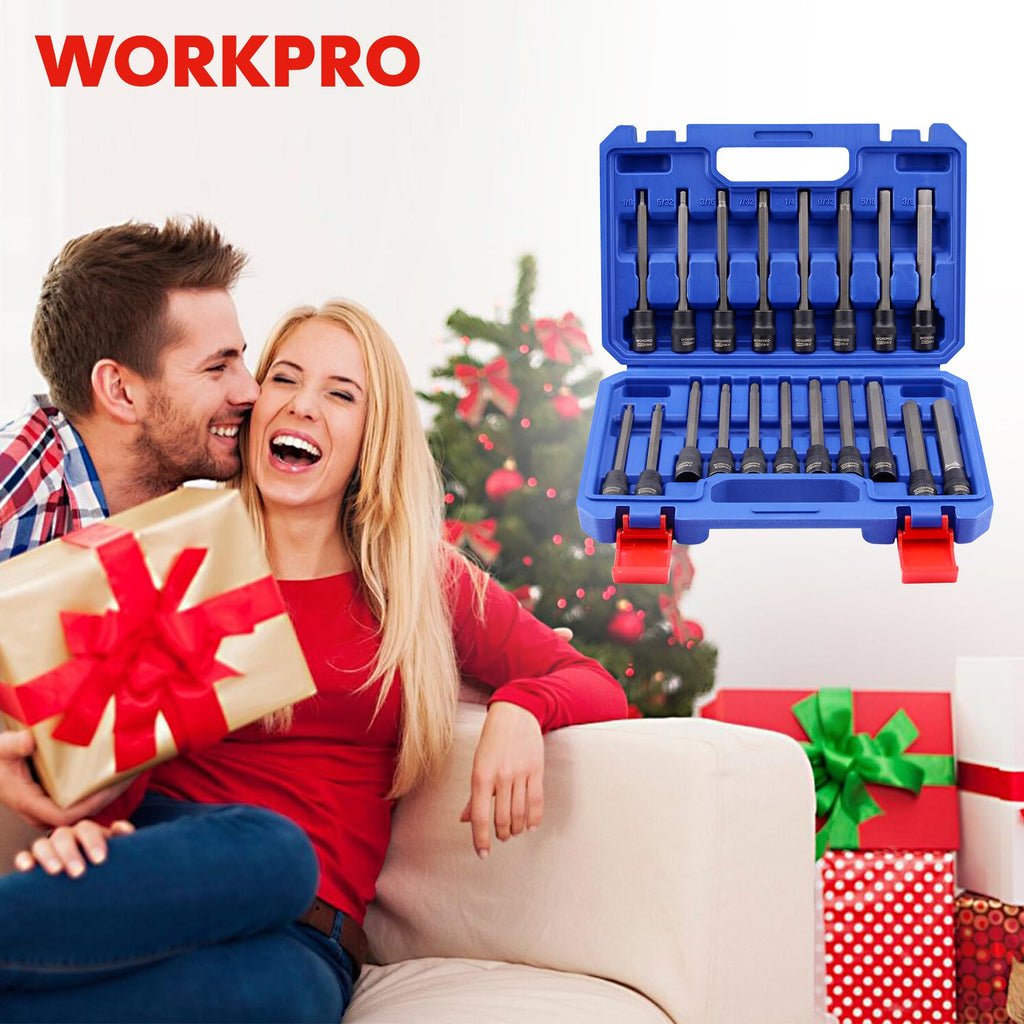 WORKPRO 19-piece 3/8 Inch Drive Extra Long Hex Bit Socket Set, Torx Bit Socket Set, Premium S2 Steel Long Allen Star Bits and CR-V Sockets Set with Storage Case