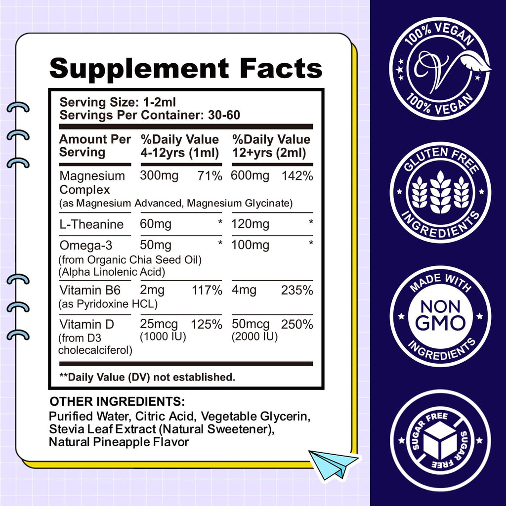 Kids Magnesium Liquid Drops-Magnesium Glycinate Liquid for Kids Supplement-w/L-theanine, Omega-3, Vitamin B6, D3 - for Sleep, Relaxation, Brain, Bones - 4 Fl Oz Children's Calm