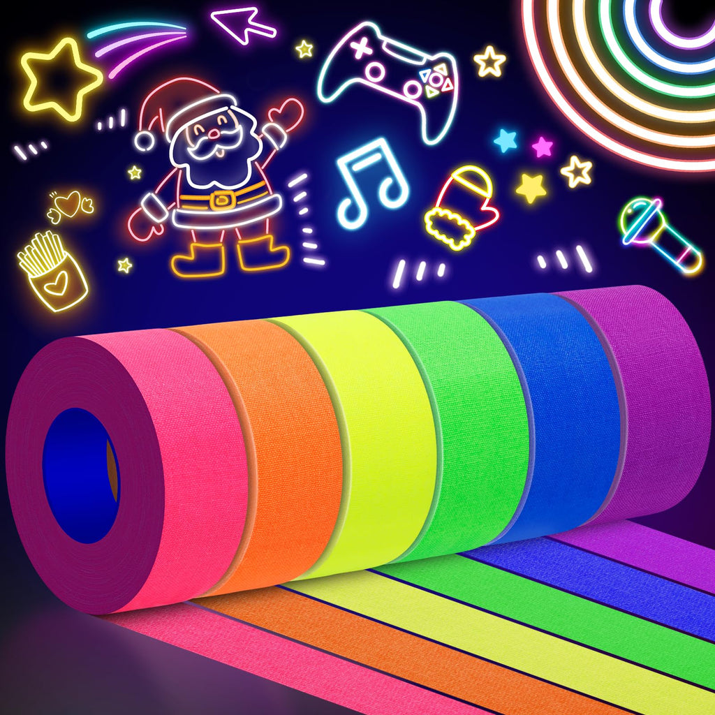 Ealyder Tape 6 Colors Neon Gaffers Cloth Tape - 1 inch x 40 feet, Fluorescent Colors Blacklight Glow Tape for UV Party, Marking, No Residue 6 Pack (Requires UV/Blacklight, Not Glow-in-the-Dark)