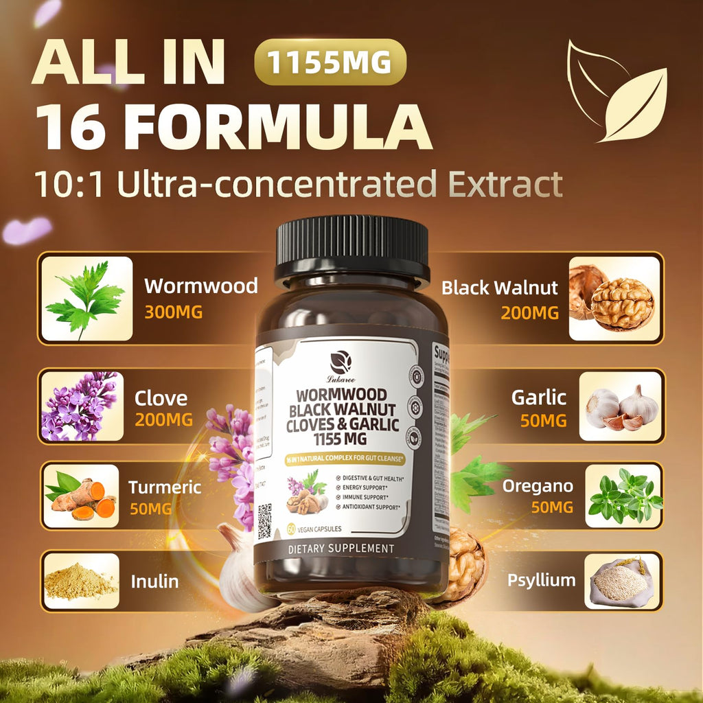 Lukaree 16-in-1 Wormwood Black Walnut Clove Cleanse for Humans Capsules – Natural Gut Detox & Digestive Health with Pumpkin Seeds Garlic Oregano Turmeric, Liposomal Tech 98% Absorption, Vegan 1155mg