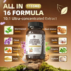 Lukaree 16-in-1 Wormwood Black Walnut Clove Cleanse for Humans Capsules – Natural Gut Detox & Digestive Health with Pumpkin Seeds Garlic Oregano Turmeric, Liposomal Tech 98% Absorption, Vegan 1155mg