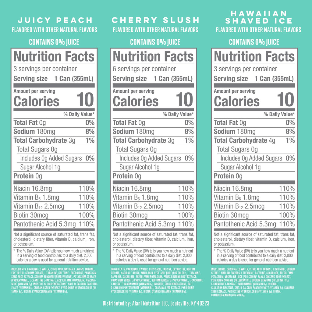 Alani Nu VARIETY PACK CHERRY SLUSH, JUICY PEACH, HAWAIIAN SHAVED ICE Sugar Free, Low Calorie Energy Drinks, 200mg Caffeine, Biotin B Vitamins, Zero Sugar, 10 Calories, 12 Fl Oz Cans, 12 Pack