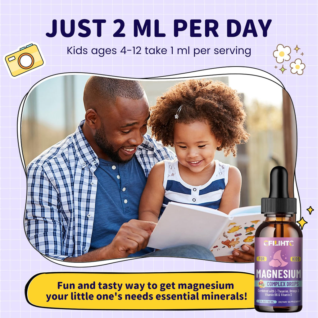 Kids Magnesium Liquid Drops-Magnesium Glycinate Liquid for Kids Supplement-w/L-theanine, Omega-3, Vitamin B6, D3 - for Sleep, Relaxation, Brain, Bones - Mixed Berry Flavor, 4 Fl Oz