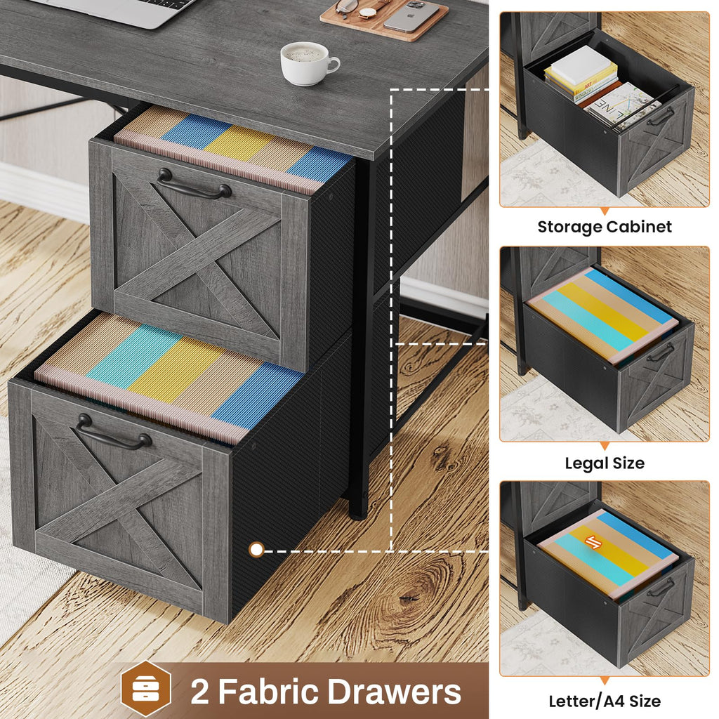 SEDETA L Shaped Gaming Desk, Reversible Computer Desk with Fabric Drawers and Power Outlet, Gaming Desk with Led Lights, Hutch and Storage Shelf for Home Office, Grey