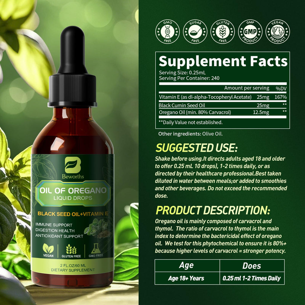 B BEWOTHS Organic Oregano Oil Drops | Oil of Oregano with Black Seed Oil, Vitamin E, 80% Carvacrol Oregano Drops for Immune, Antioxidant, Gut Detox Cleanser Support - Non-GMO, Vegan (240-day Supply)