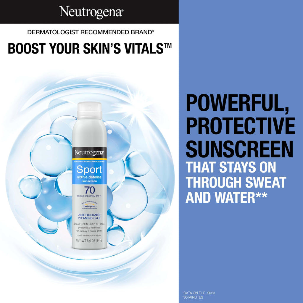 Neutrogena Sport Active Defense SPF 70 Sunscreen Spray, Sweat & Water Resistant Spray Sunscreen with Broad Spectrum Protection for Sunburn Prevention, Oxybenzone-Free, Twin Pack, 2 x 5 oz