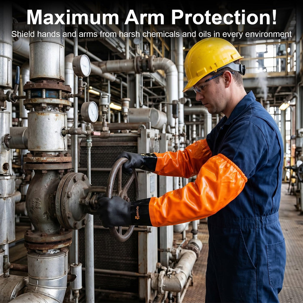 Gastody Chemical Resistant Gloves Extra-long 27.5" - Long PVC Arm Length Rubber Gloves Heavy Duty Waterproof with Cotton Liner for Household, Fishery Machinery, Chemical Industry Cleaning L