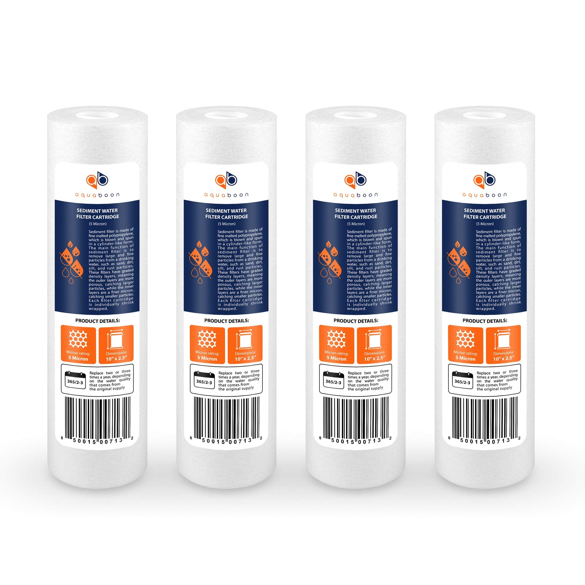 Aquaboon 5 Micron 10 x 2.5 Sediment Filter - Whole House Water Filter Replacement Compatible with Well Water Filters - P5, AP110, WHKF-GD05, 4 Pack