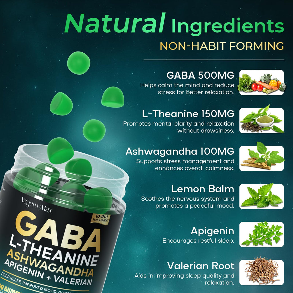 GABA Gummies 500mg for Relaxation, Calm Mood & Sleep Support, Calm Gummies with L Theanine, Ashwagandha, Magnesium, Vitamins D3, B6, GABA Supplement for Adult, Blueberry 60 Count (Pack of 1)