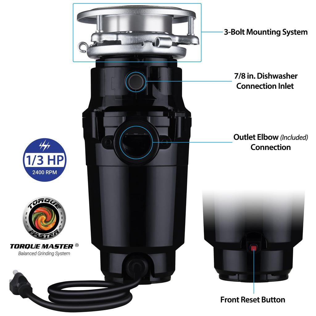 Waste Maid 10-US-WM-048-3B Garbage Disposal Anti-Jam Stainless Steel Food Waste Grinding System, 1/3 HP Compact, Black