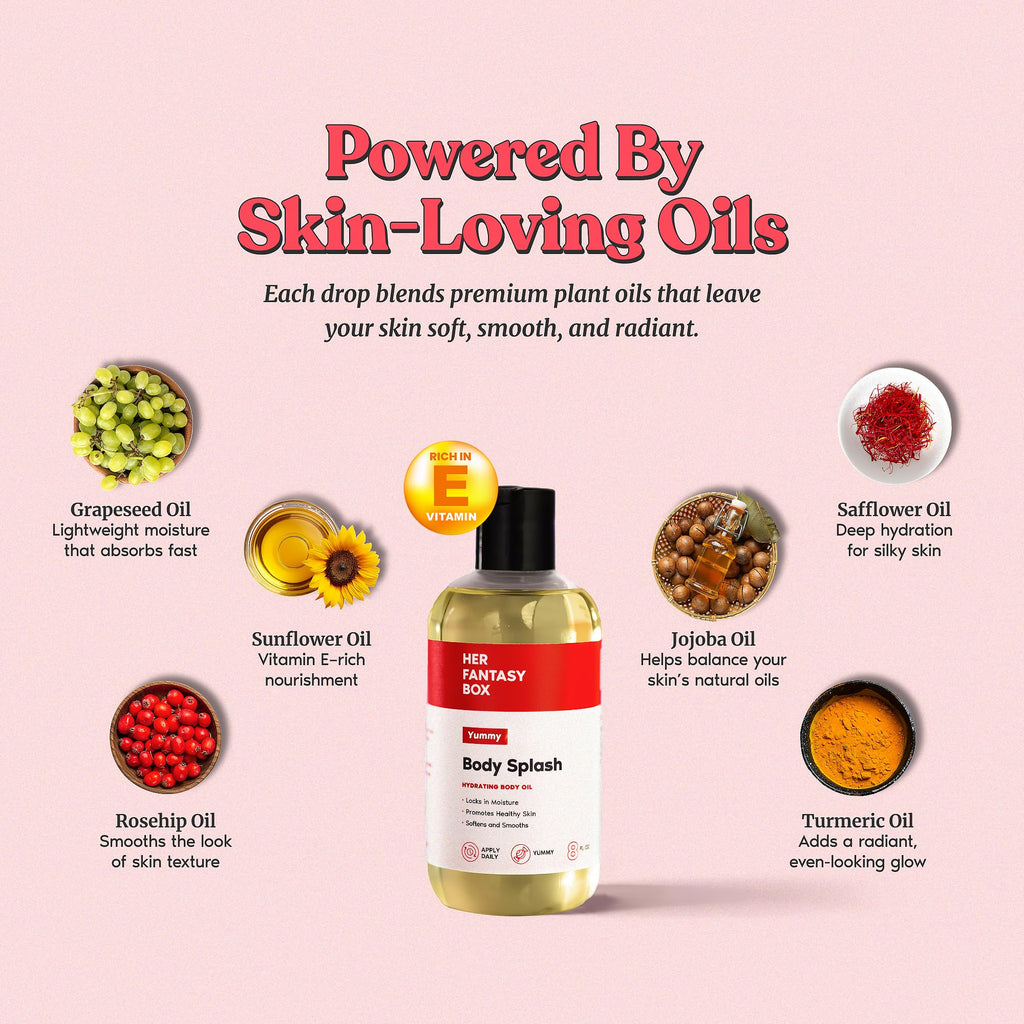Her Fantasy Box | Body Splash Hydrating Body Oil (Yummy) - Moisturizing, Non-Greasy Formula for Soft, Smooth Skin - All-Natural, Lightweight & Nourishing