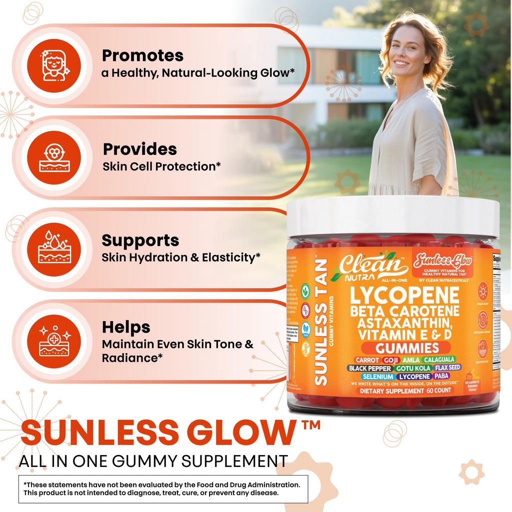 Sunless Glow Lycopene Beta Carotene Tanning Gummies Astaxanthin Vitamin C D E Flax Seed Selenium Amla l Tyrosine PABA Black Pepper 60 Count Strawberry Banana Flavor by Clean Nutra