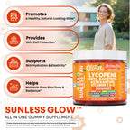 Sunless Glow Lycopene Beta Carotene Tanning Gummies Astaxanthin Vitamin C D E Flax Seed Selenium Amla l Tyrosine PABA Black Pepper 60 Count Strawberry Banana Flavor by Clean Nutra