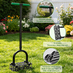 Adjustable Lawn Aerator Tool with Rebound Spring – 16 Sharp Metal Spikes Soil Aerator with Ergonomic T-Handle & Wide Foot Plate, Heavy Duty Yard Lawn Aerator for Garden Lawn Care