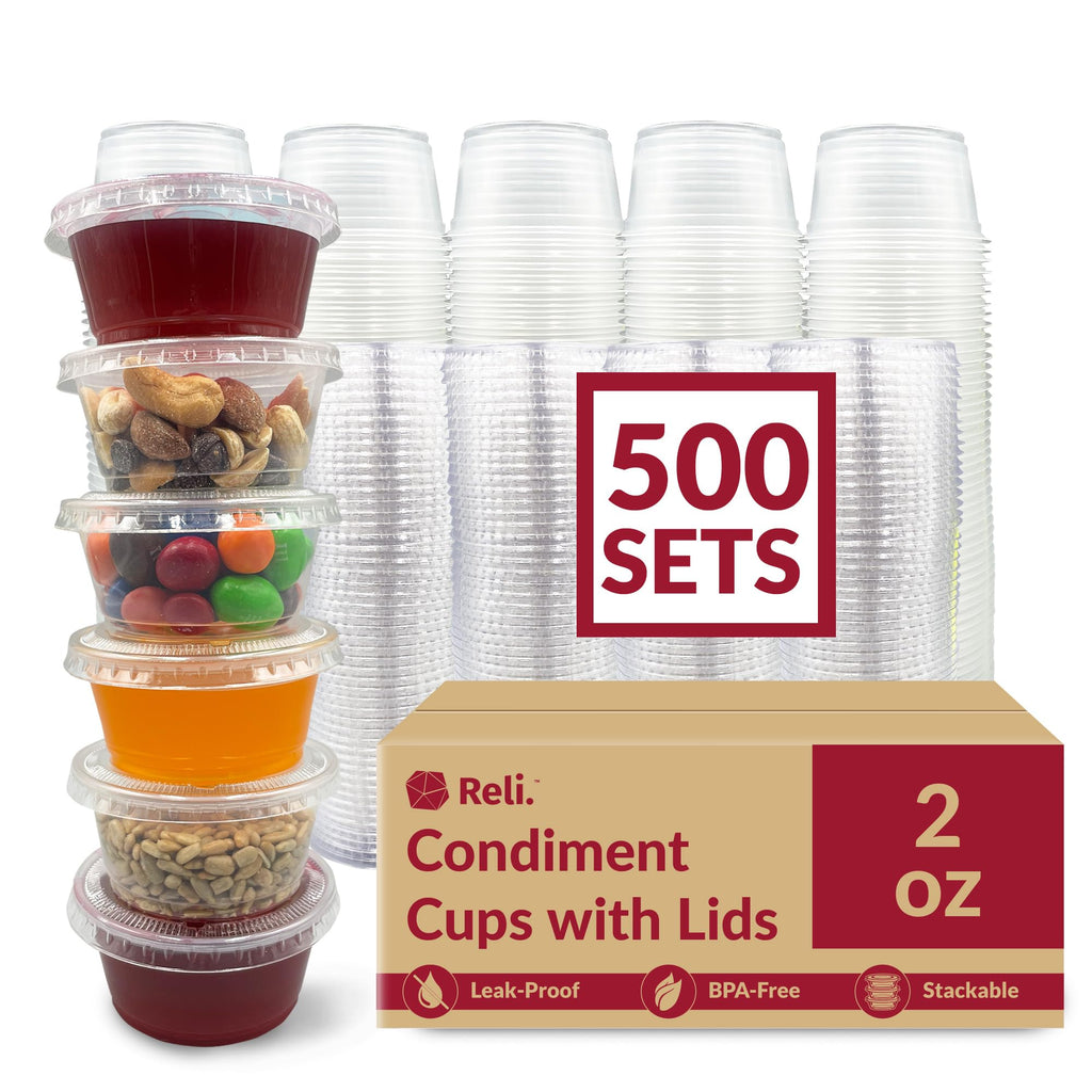 Reli. 2 oz Small Containers with Lids (500 Sets) | Jello Shot Cups with Lids | Clear Plastic Condiment Container | Portion Cups, Sauce, Souffle | Stackable | Bulk