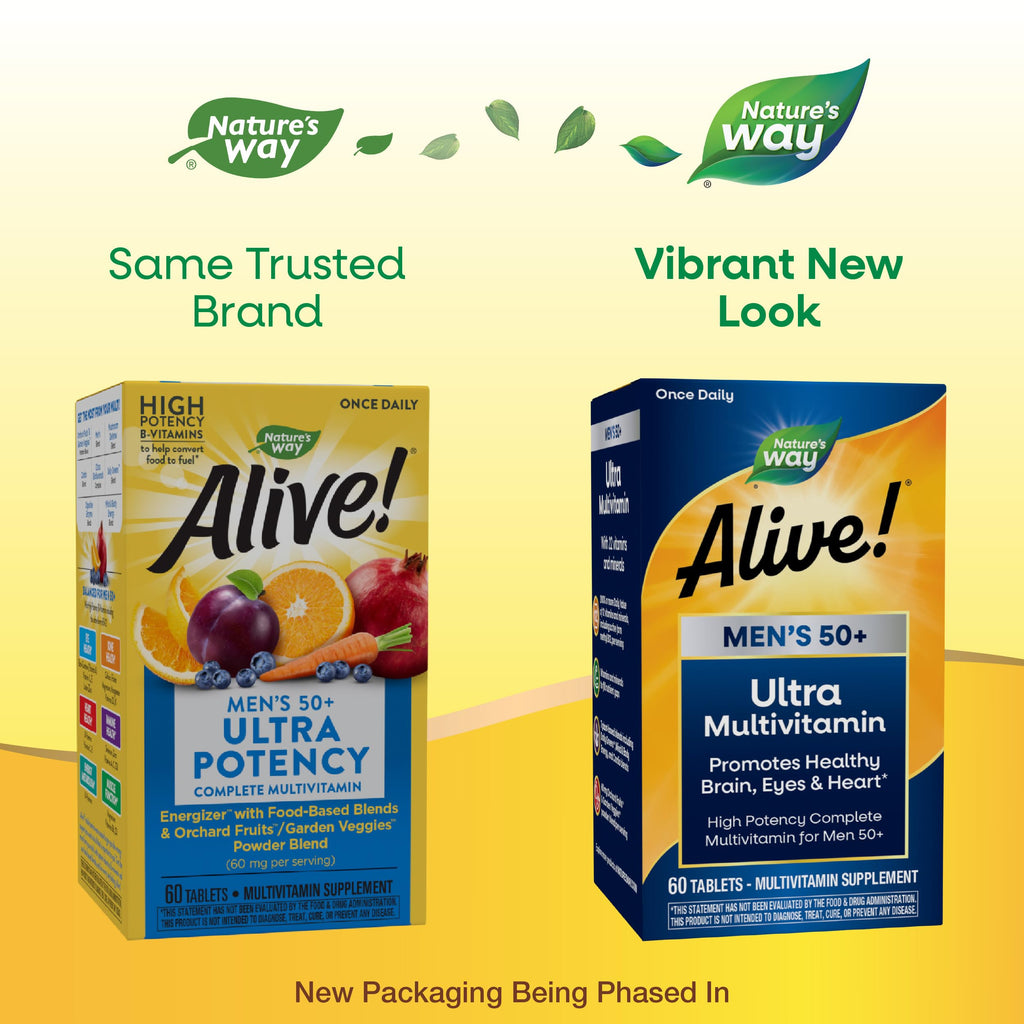 Nature's Way Alive! Men’s 50+ Daily Ultra Multivitamin, High Potency Formula, Supports Healthy Brain, Eyes & Heart*, with Methylated B12, Gluten-Free, 60 Tablets (Packaging May Vary)