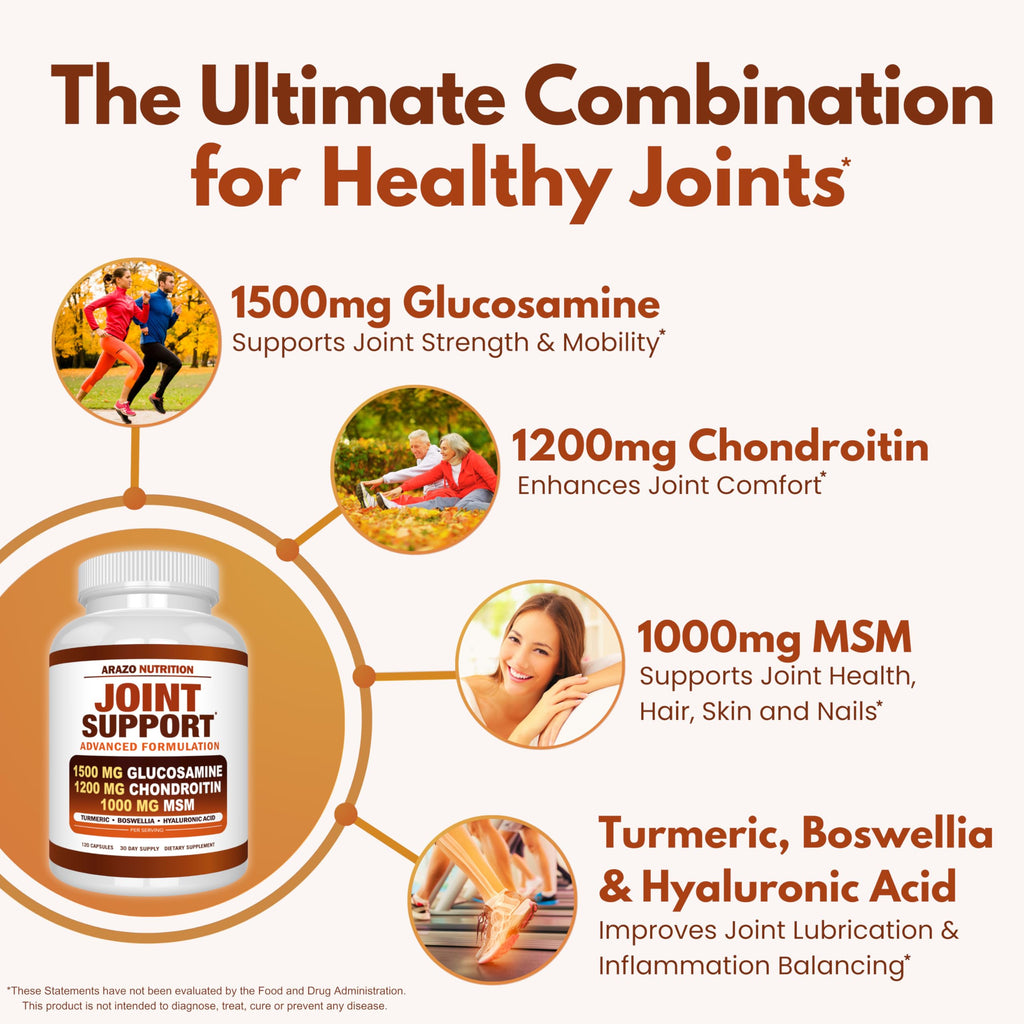 Arazo Nutrition Glucosamine Chondroitin Turmeric Msm Boswellia - Joint Support Supplement for Relief 120 Capsules for Bones, Back, Knees, Hands (120 Capsules)
