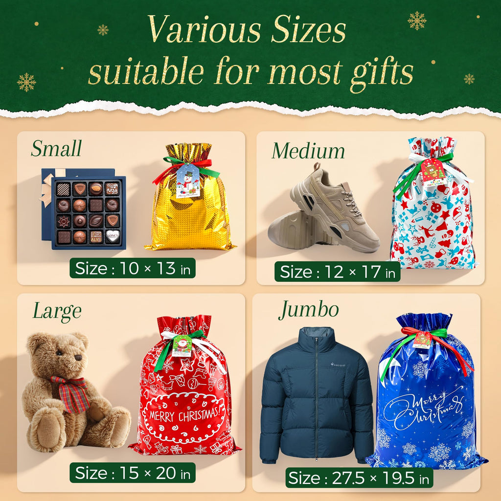 38PC Christmas Drawstring Gift Bags Assorted Sizes Small/Medium/Large