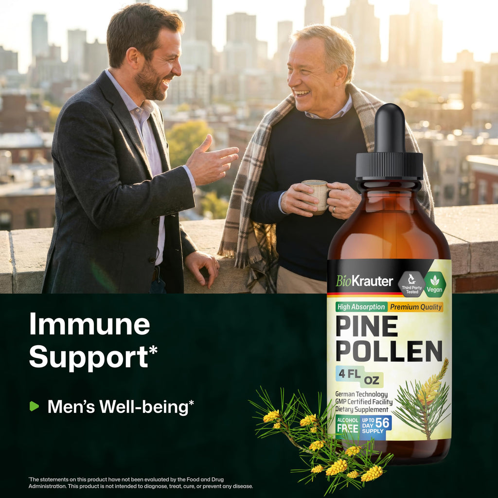 BIO KRAUTER® Pine Pollen for Men's Support - Pure & Vegan Pine Pollen Tincture 685 mg per Serving 4 Fl.Oz 56-Day Supply - Immune Support Supplement & Antioxidants - Alcohol & Sugar Free
