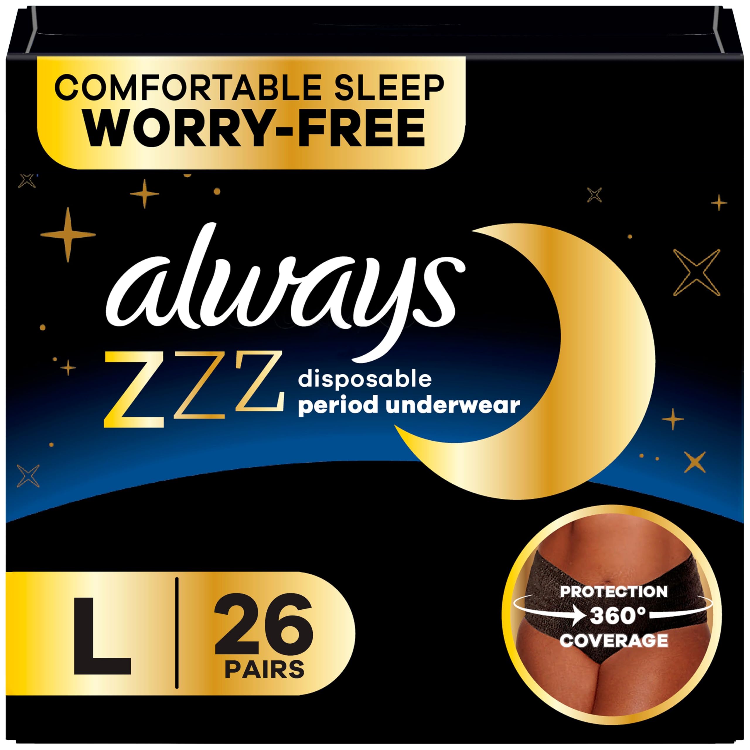 Always ZZZs Disposable Period Underwear, Size L, Absorbs 5X More Than an Ultra Thin Overnight Pad, Comfortable Sleep Worry-Free Nights 26 Count