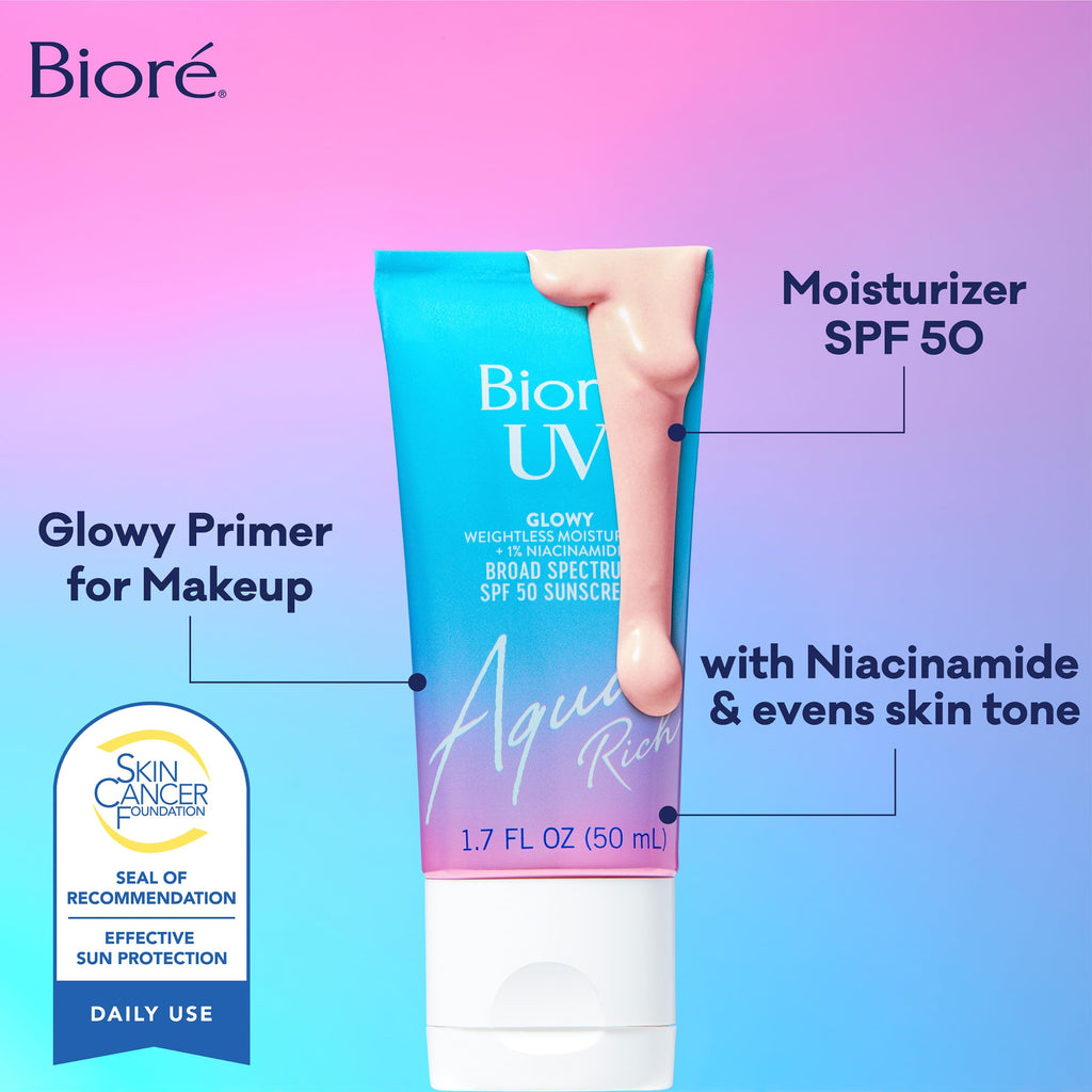 Bioré UV Aqua Rich Glow Enhancing Moisturizer with SPF, Daily Moisturizer with SPF 50, 1% Niacinamide Facial Sunscreen, 1.7 Oz