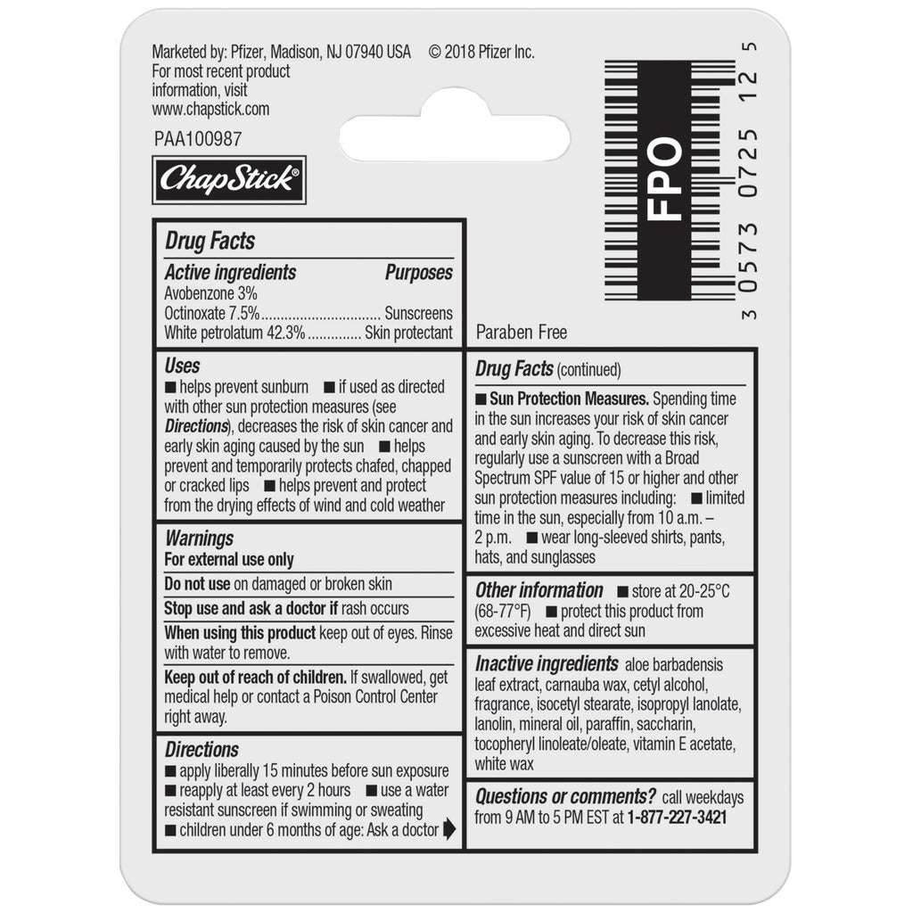 ChapStick Moisturizer Original Lip Balm Tubes, SPF 15 and Skin Protectant - 0.15 Oz (Pack of 12)