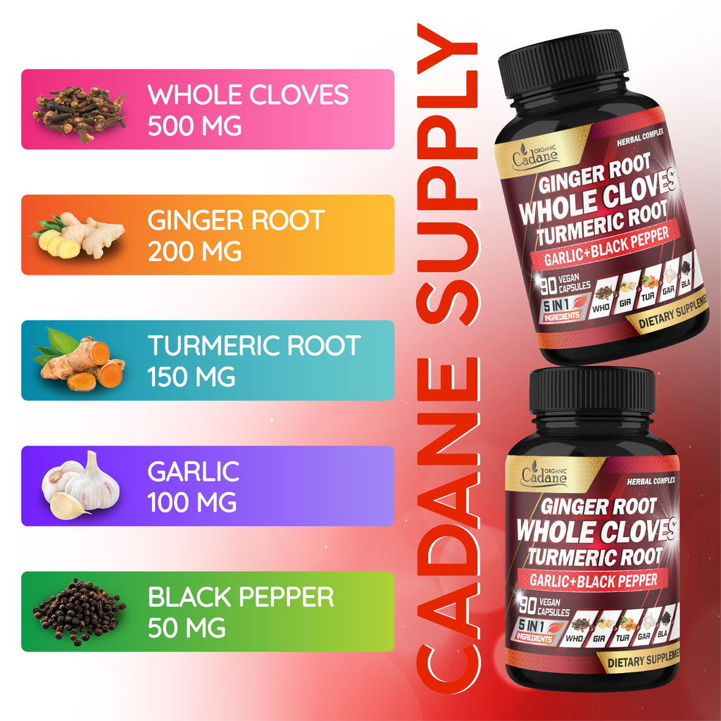 Cadane 5in1 Whole Cloves Herbal Blend | Digestive & Immune Support | Clove, Ginger, Turmeric, Garlic, and Black Pepper | Non-GMO, Vegan – 90 Capsules – 45-Day Supply